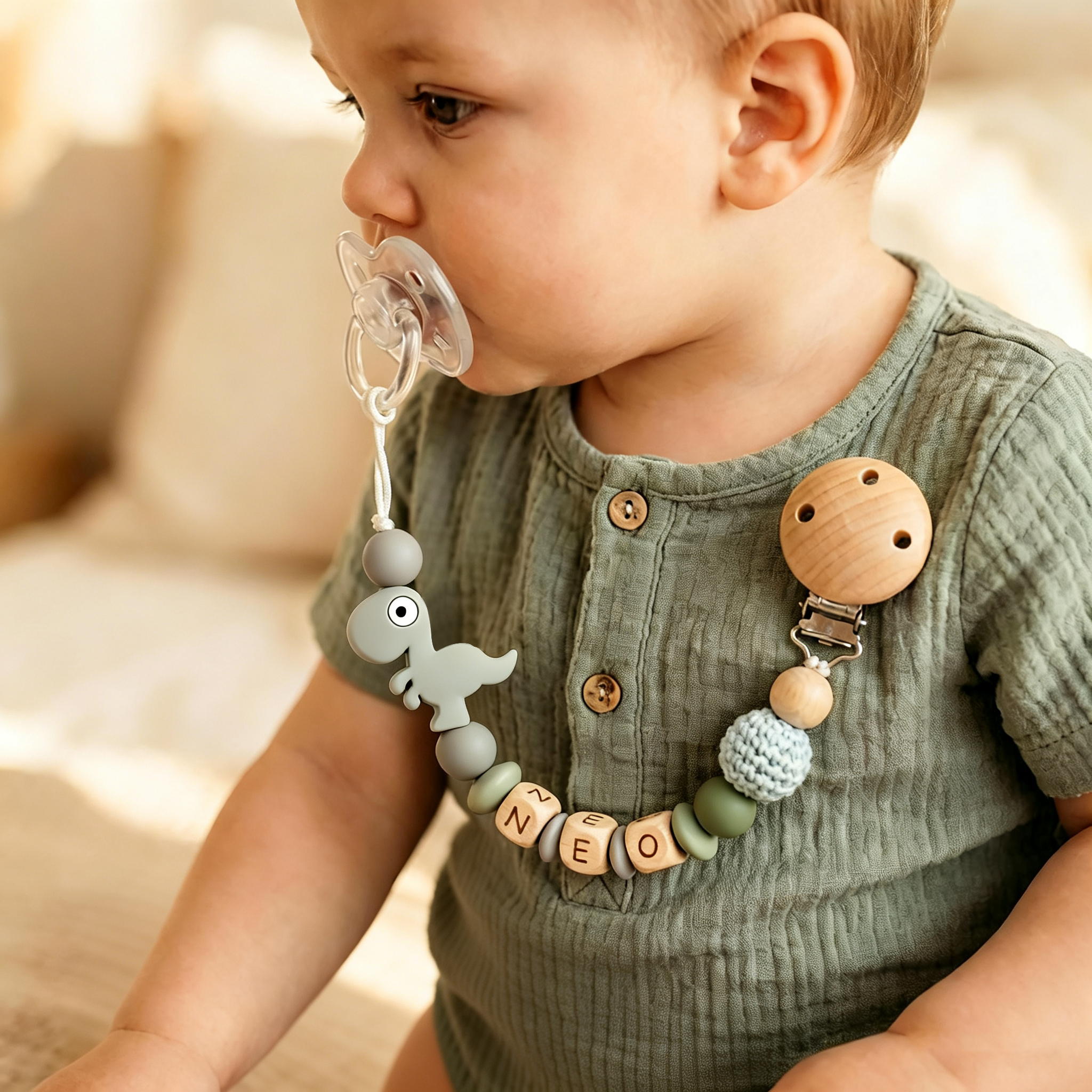 Personalized Baby Silicone Dinosaur Pacifier Clip | CWToy192