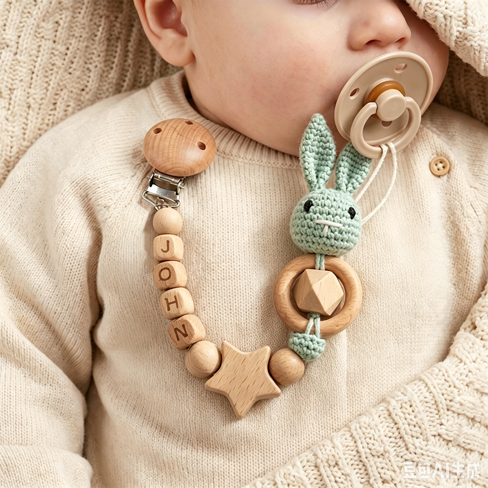 Personalized Bunny Baby Pacifier Wooden Bead Clip | CWToy194