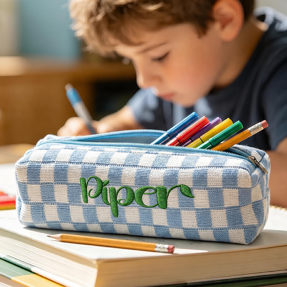 Personalized Embroidered Kids Colorful Gingham Pencil Case | CWPack372