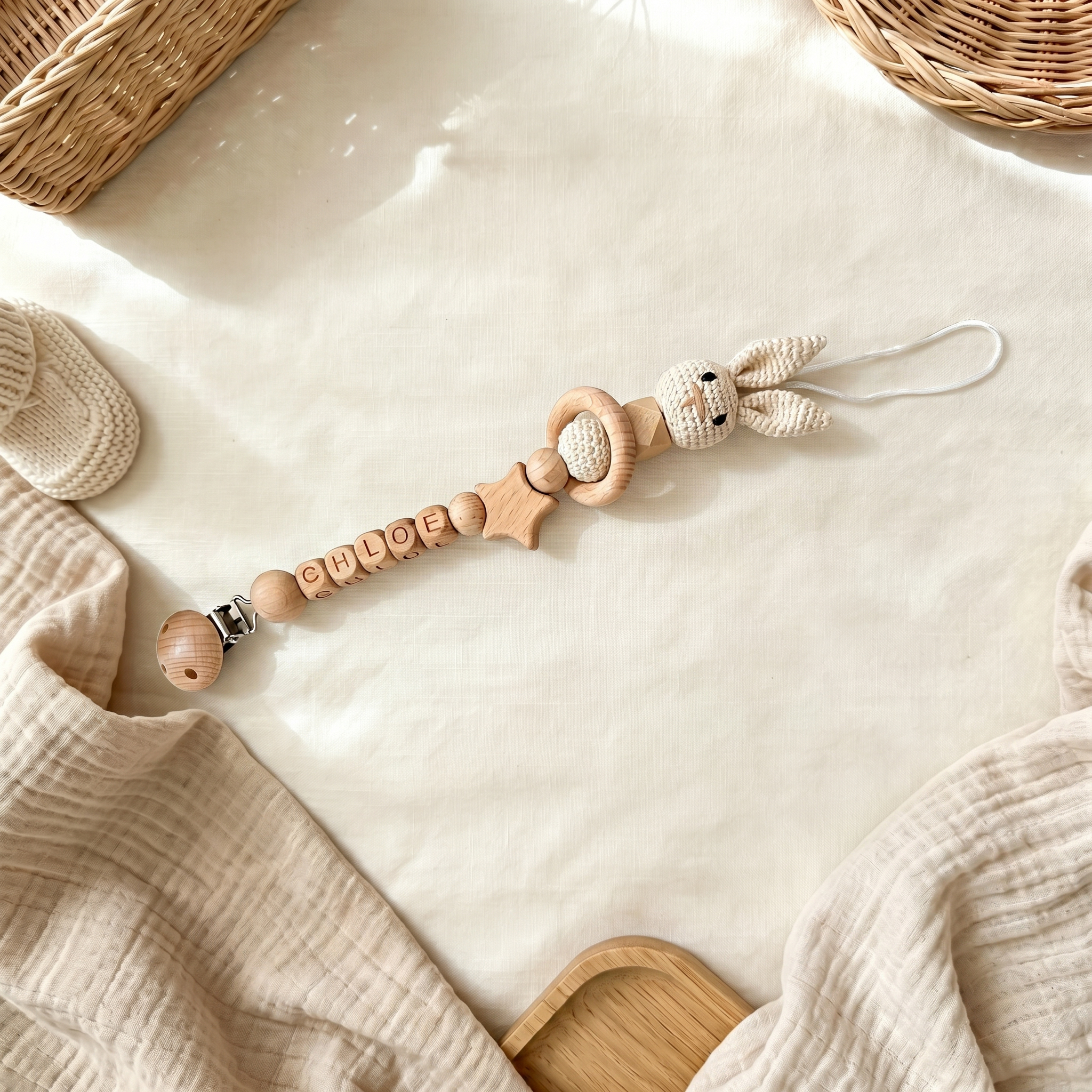 Personalized Bunny Baby Pacifier Wooden Bead Clip | CWToy194