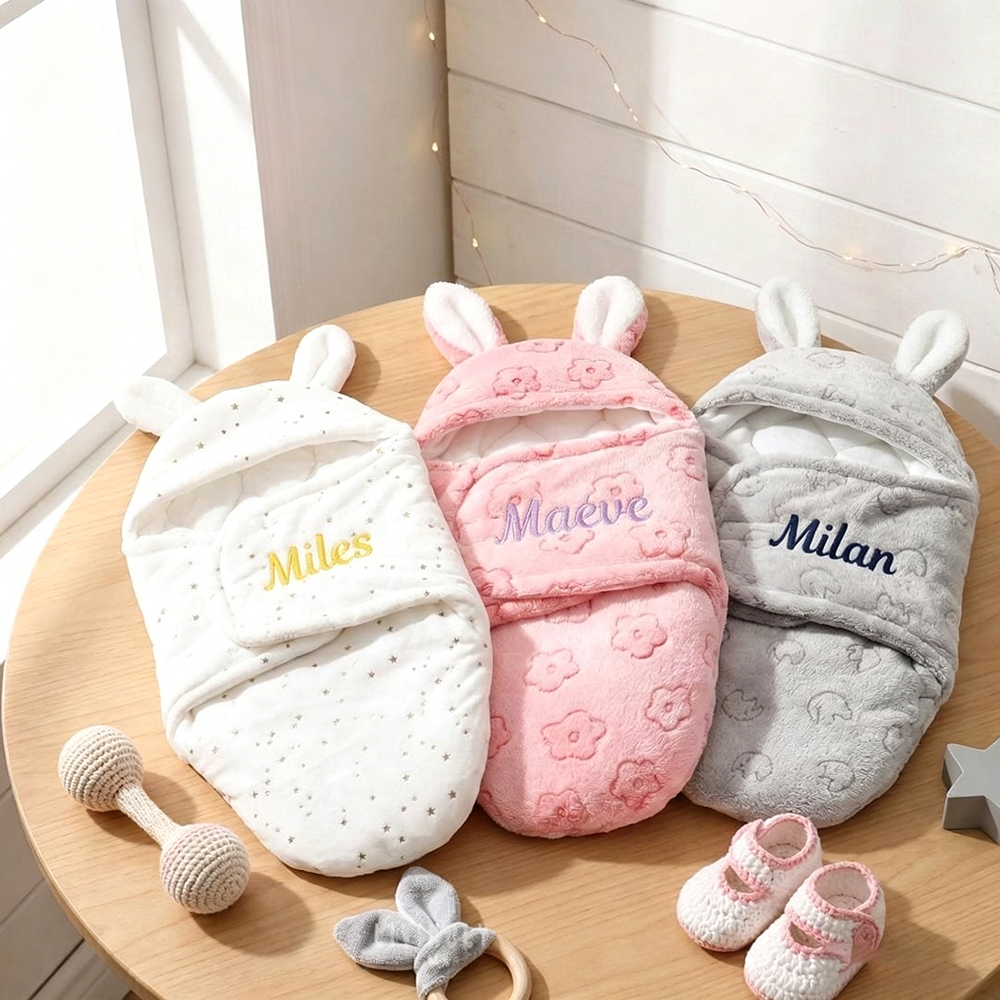 Personalized Baby Flannel Bunny Ear Swaddle Wrap | CWBaby507