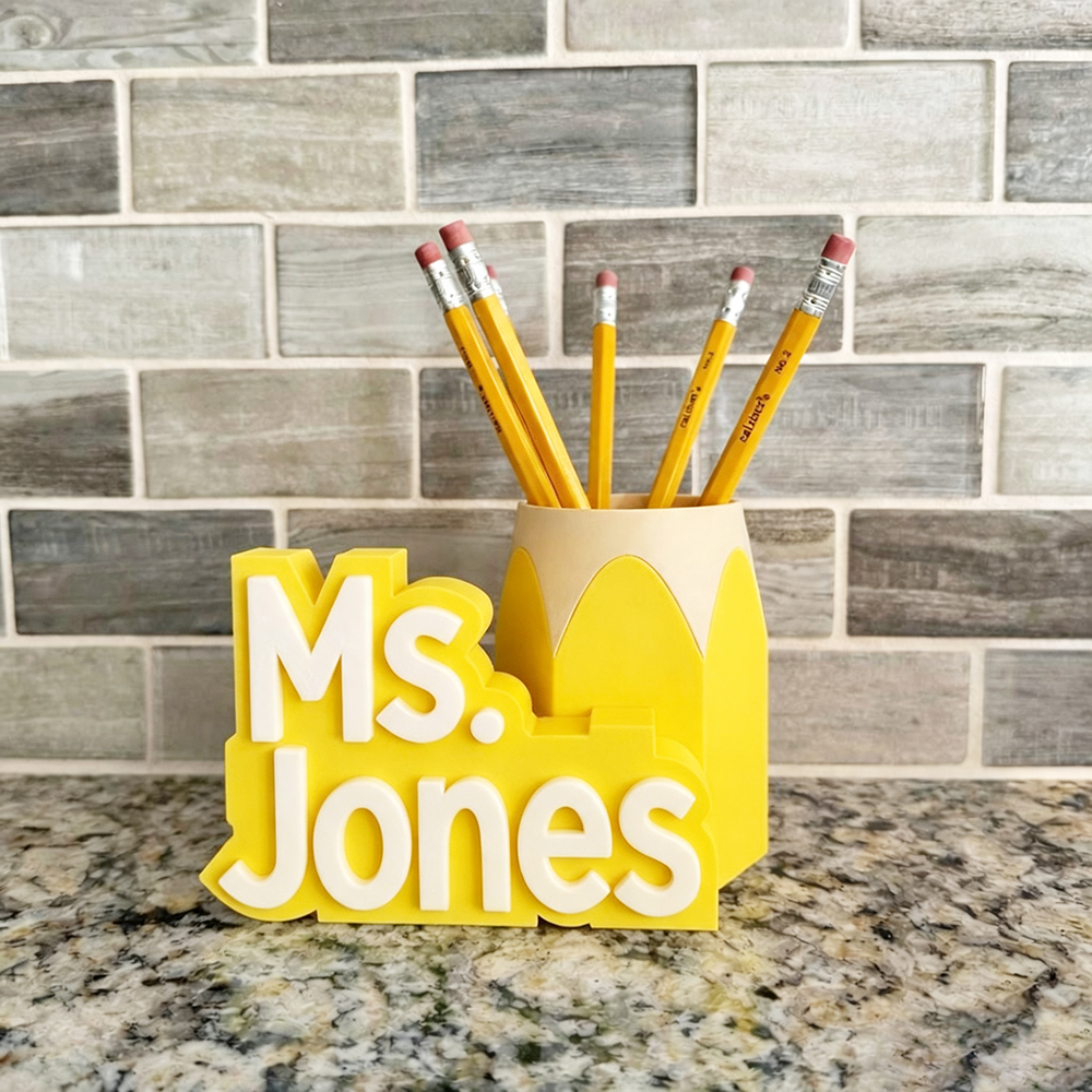 Personalized 3D Printed Teacher Pen Cup and Name Stand | CWTeach14