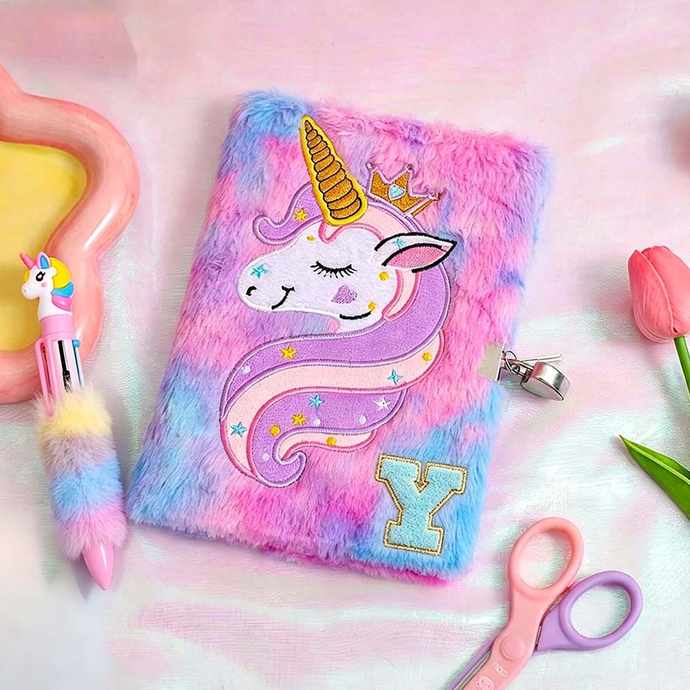 Personalised Chenille Patch Unicorn Fluffy Diary and Pen Set | CWToy196