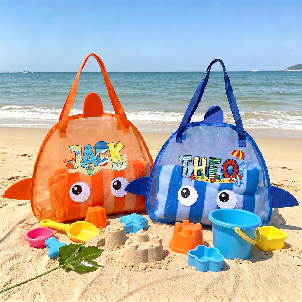Personalized Adorable Shark Seashell Zipper Mesh Beach Bag | CWBeach262
