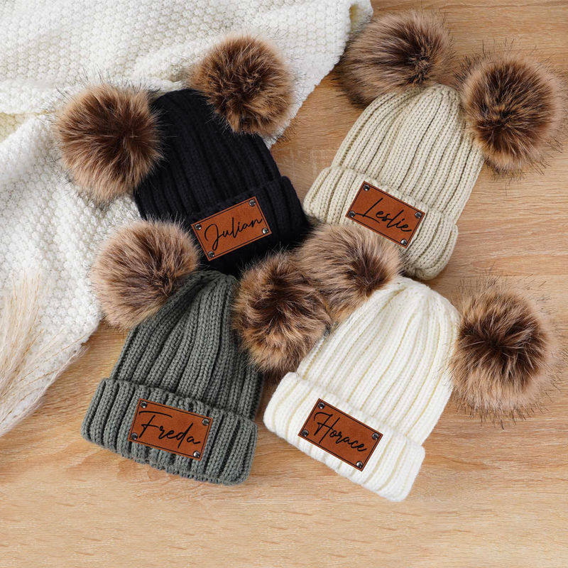 Personalized Leather Patch Pom Pom Hat for Comfort & Unique | HSKid26