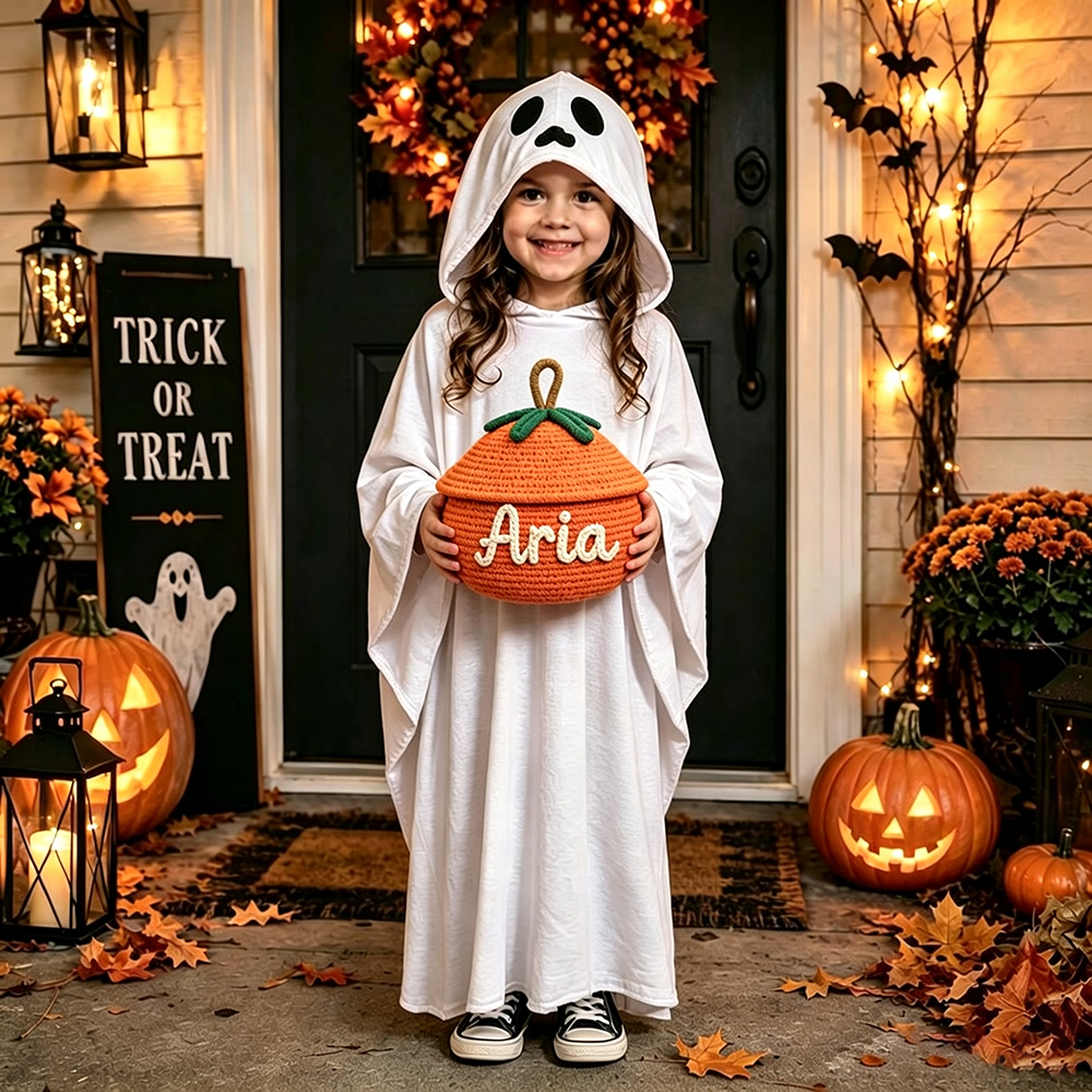 Personalized Hand Embroidered Halloween Pumpkin Treat Bucket | CWHalloween106