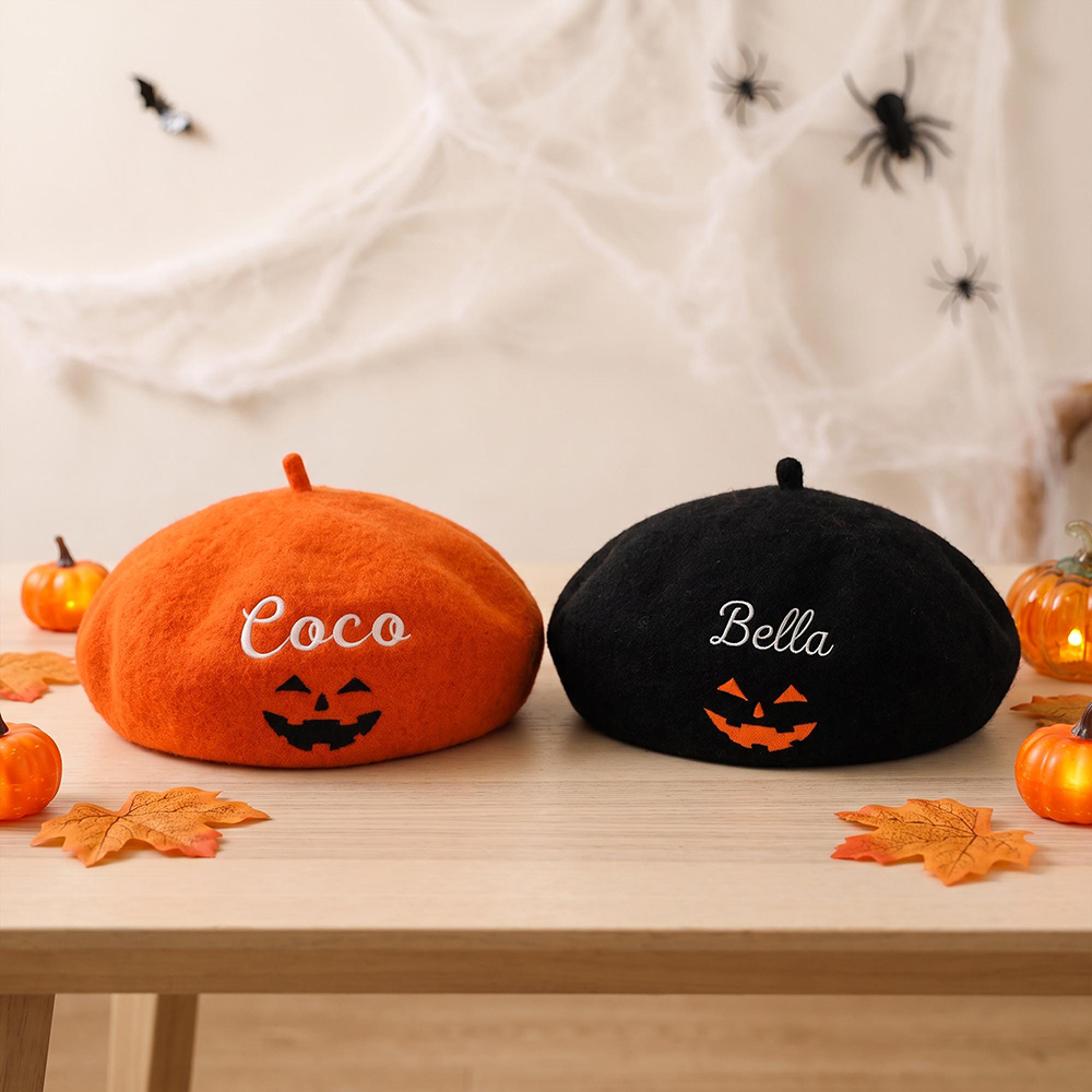 Personalized Embroidery Adjustable Halloween Pumpkin Beret | CWHalloween115