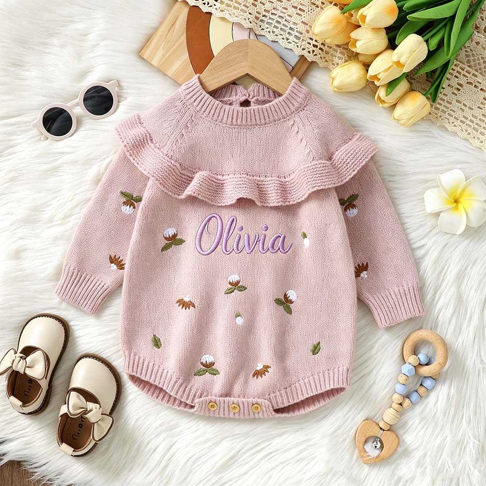 Personalized Embroidered Baby Knit Ruffle Romper | CWBaby519