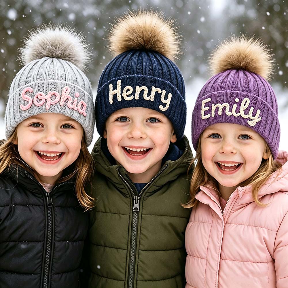 Personalized Hand Embroidered Kids Pom Beanie Winterhat | HSKid87