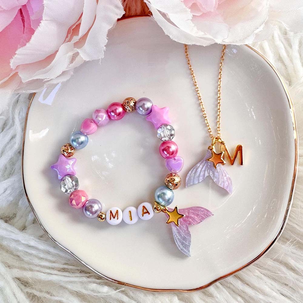 Personalized Mermaid Kids Name Charm Bracelet and Necklace Set | CWGift102