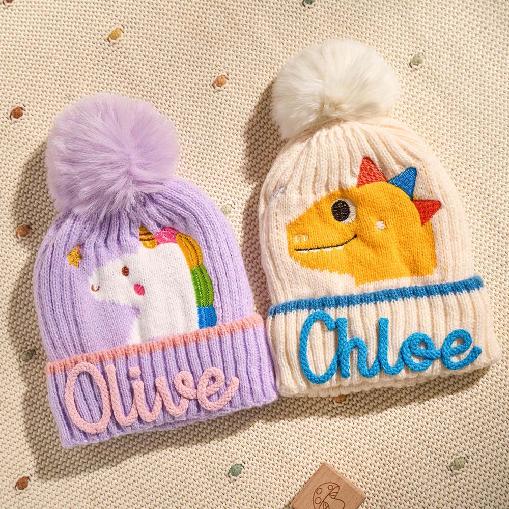 Personalized Hand Embroidery Cartoon Animal Pom Pom Beanie WinterHat | HSKid90