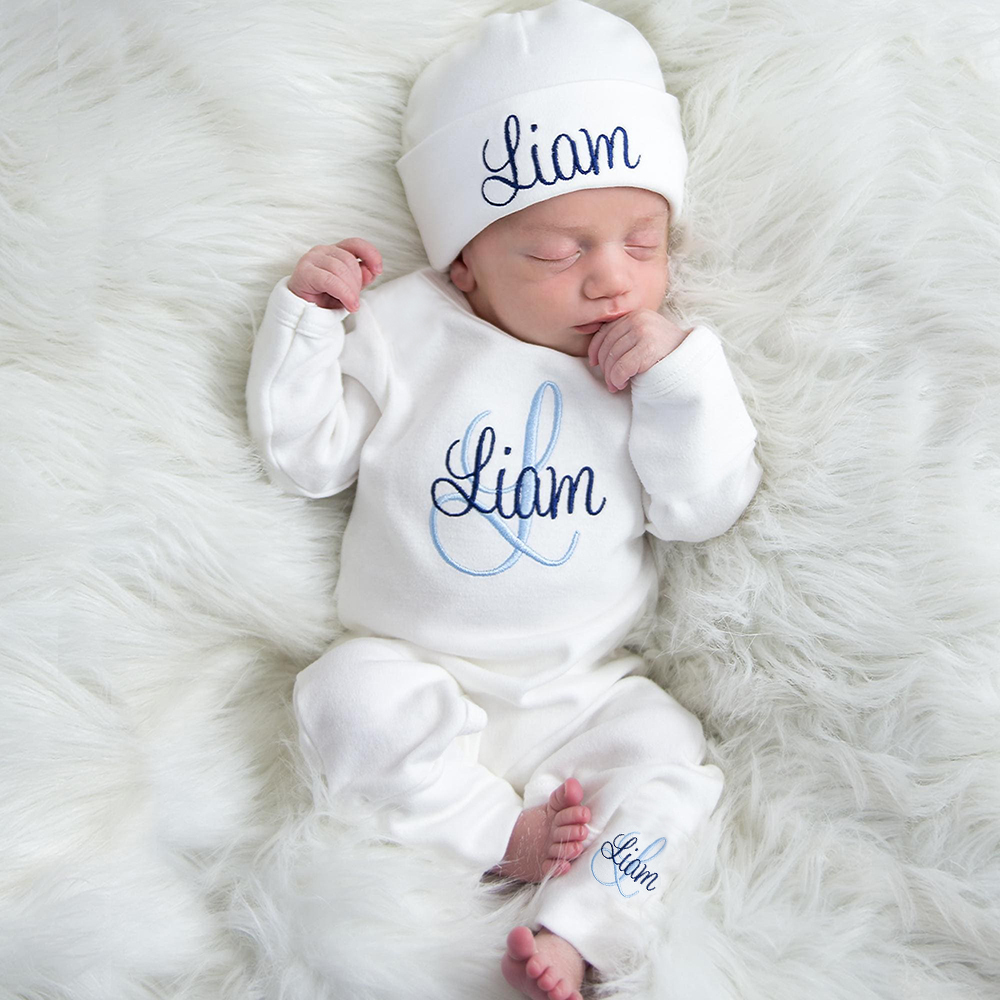 Personalized Embroidery Monograms Baby Coming Home Romper and Hat Set | CWBaby160