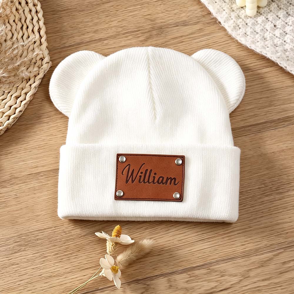 Personalized Leather Patch Kid Beanie Hat With Bear Ears | HSKid92