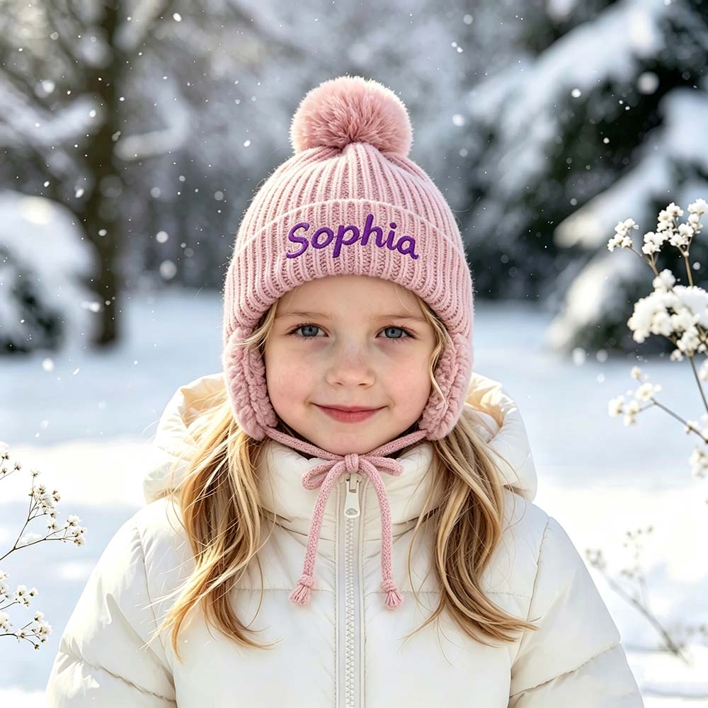 Personalized Embroidered Kids Winter Hat With Ear Flaps & Pom Pom | HSKid93