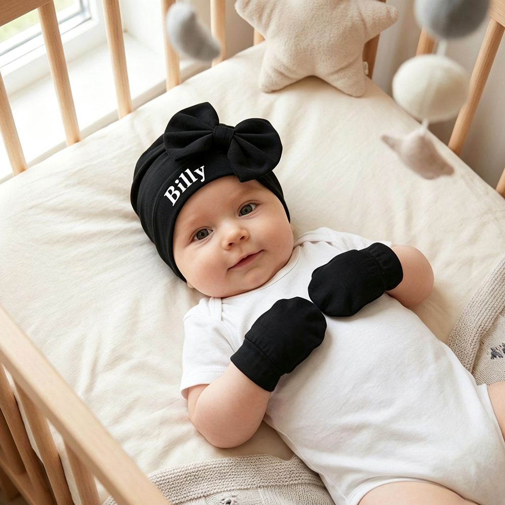 Personalized Newborn Coming Home Bow Beanie And Gloves Set | HSKid62