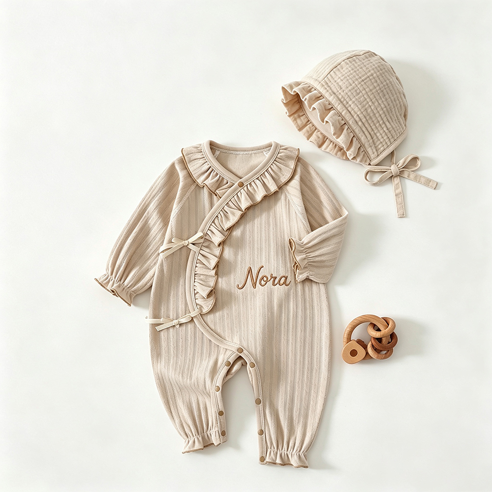 Personalized Embroidery Newborn Cotton Ruffle Wrap Baby Romper & Bonnet Set | CWBaby531