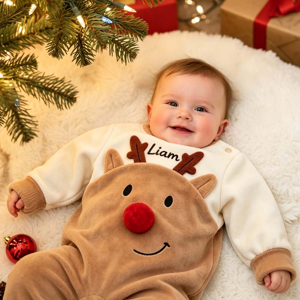 Personalized Embroidered Baby Christmas Reindeer Romper | MCGift386