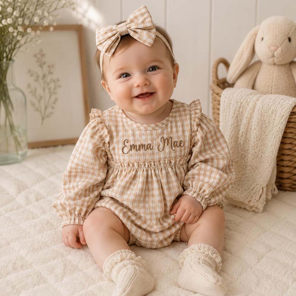Personalized Embroidered Baby Girl Bubble Gingham Romper with Matching Bow | CWBaby533