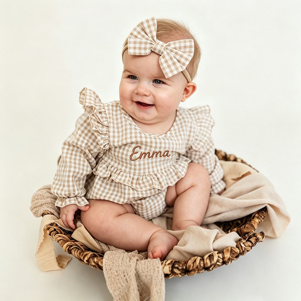 Personalized Embroidered Baby Girl Bubble Gingham Romper with Bow | CWBaby533