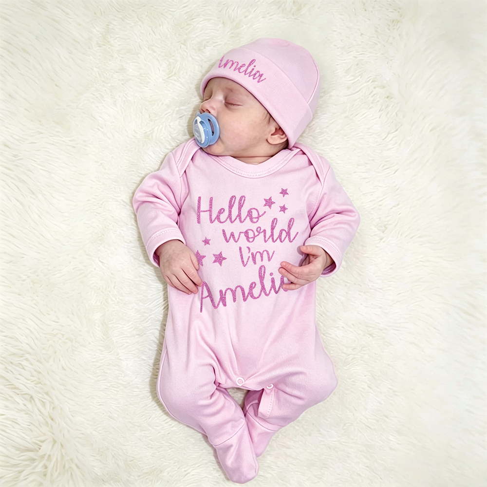 Personalized Baby Hello World Romper & Hat Set | CWBaby536