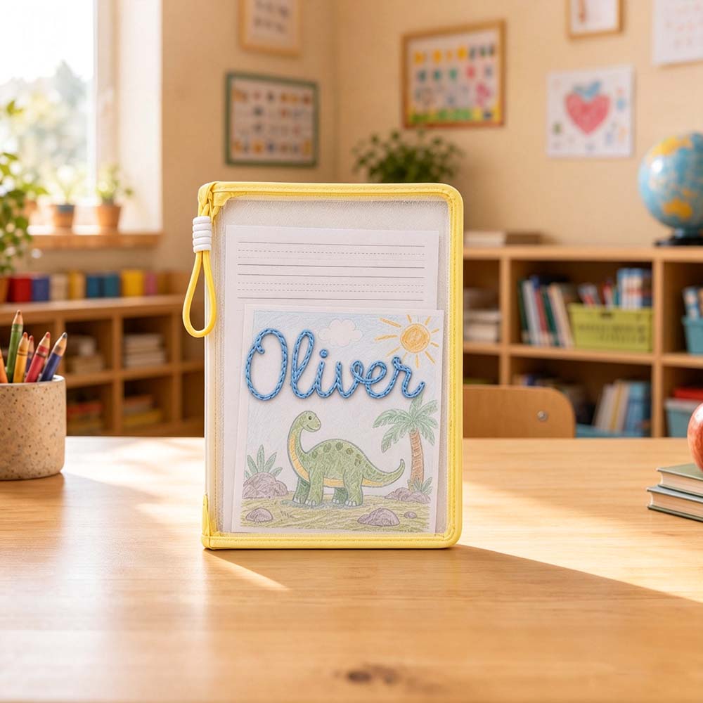 Personalized Hand Embroidered Homework Folder With Handle For Kids | CWToy207