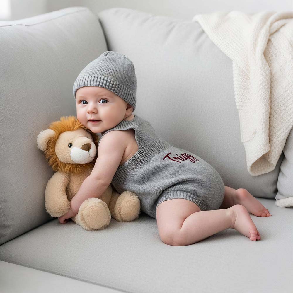 Personalized Embroidered Baby Knit Newborn Romper Set With Beanie | CWBaby538