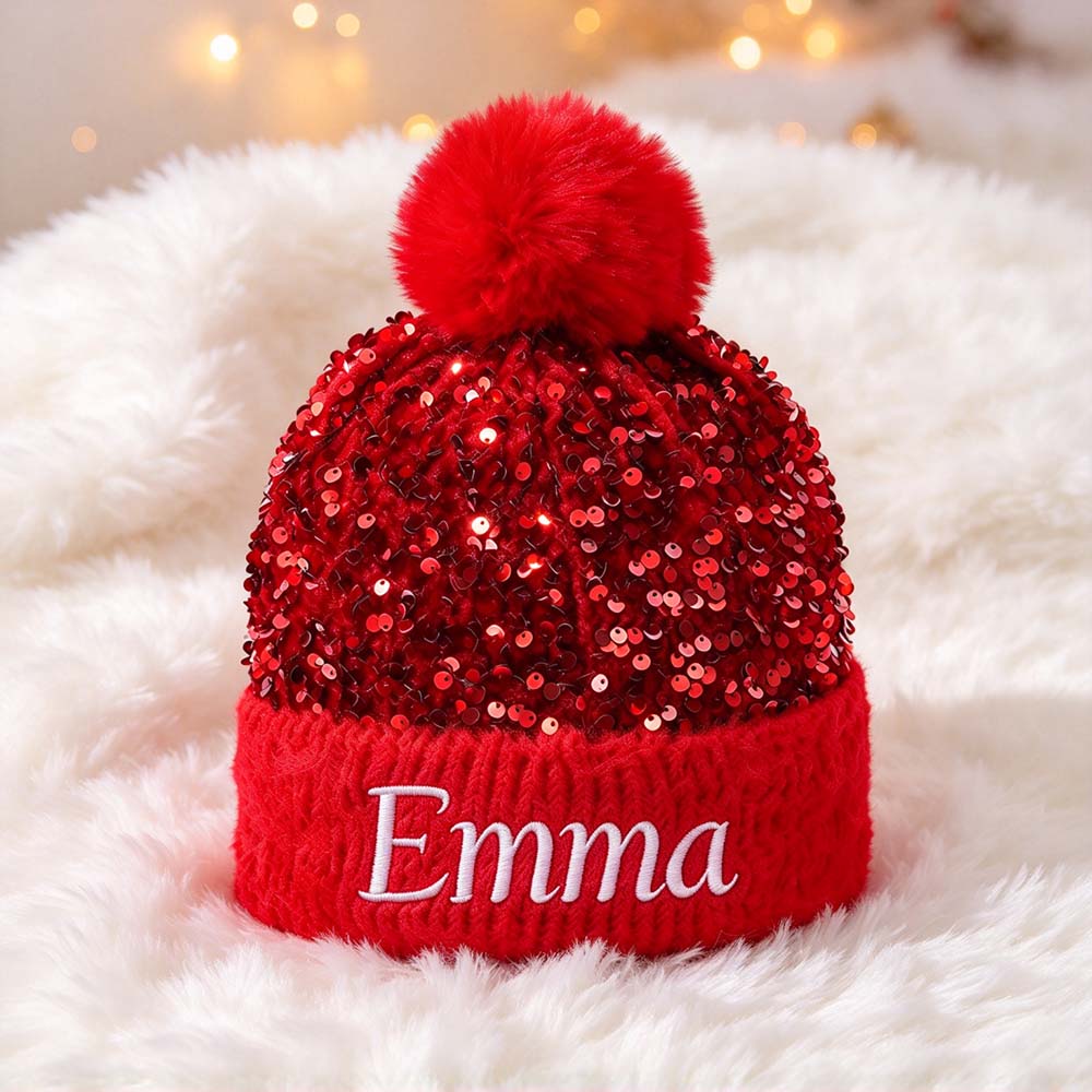 Personalized Embroidered Kids Sequin Pom Pom Hat | MNKid14