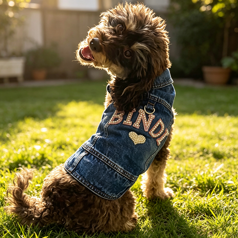 Personalized Handmade Pearl Patch Pets Denim Jacket | BKPet219