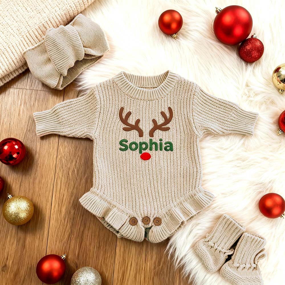 Personalized Embroidered Reindeer Baby Romper Set With Bow Headband & Socks | MCGift388