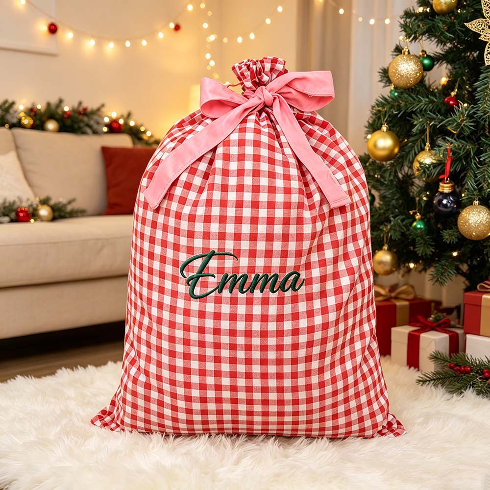 Personalized Embroidered Gingham Santa Gift Bag | MCGift391