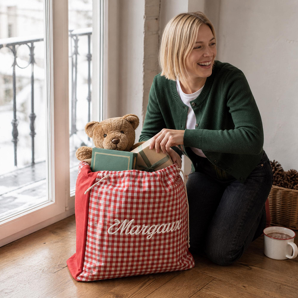 Personalized Embroidered Reusable Gingham Santa Gift Bag | MCGift391