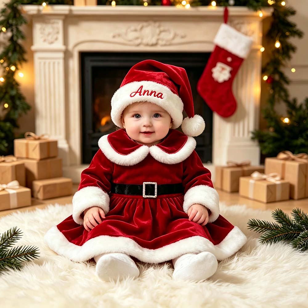 Personalized Embroidered Velvet Baby Santa Claus Dress Outfit with Santa Hat | MCGift406