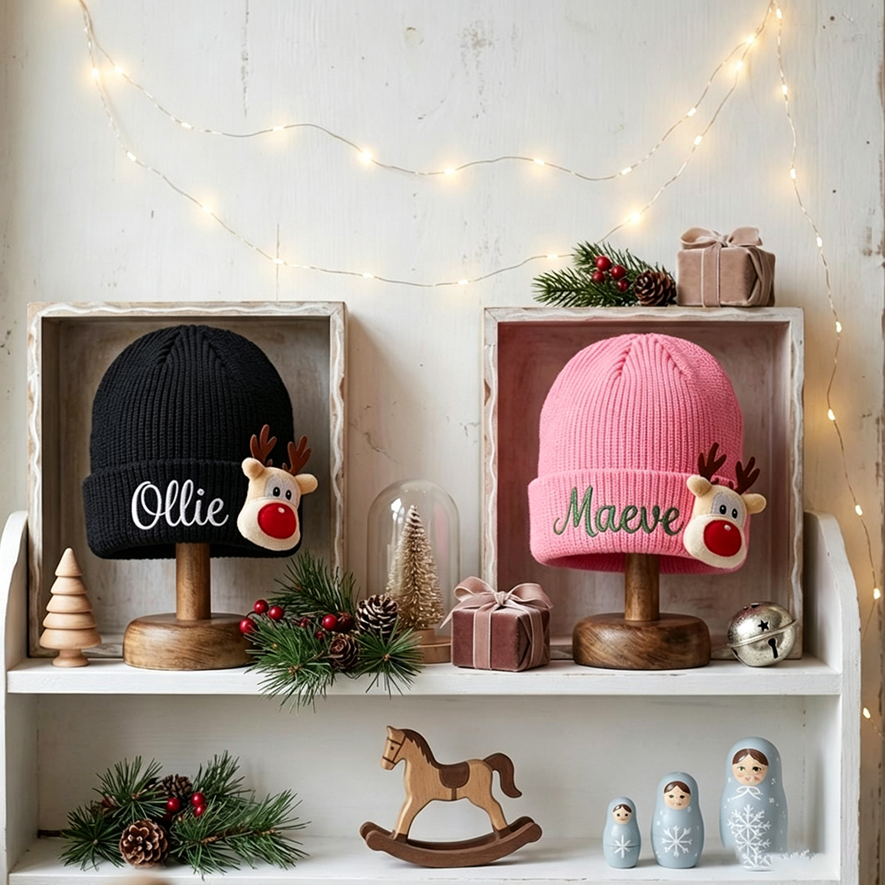 Personalized Embroided Christmas Reindeer Color Beanie | HSKid51