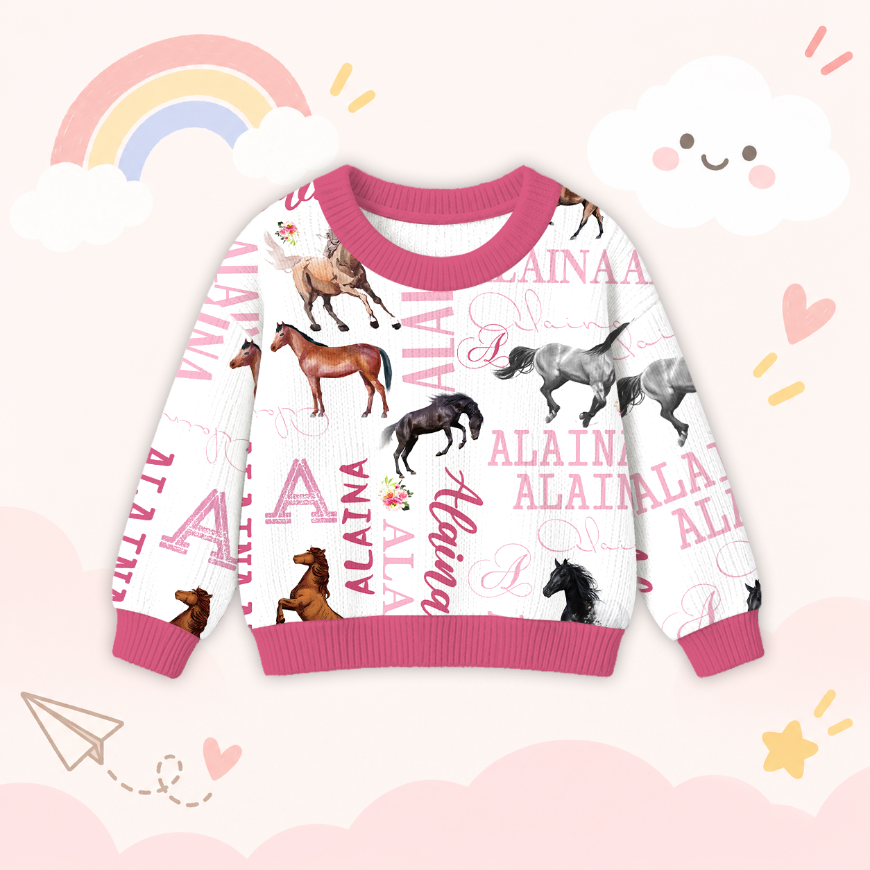 Personalized Lovely Kids Horse Knit Sweater | CWSweater08