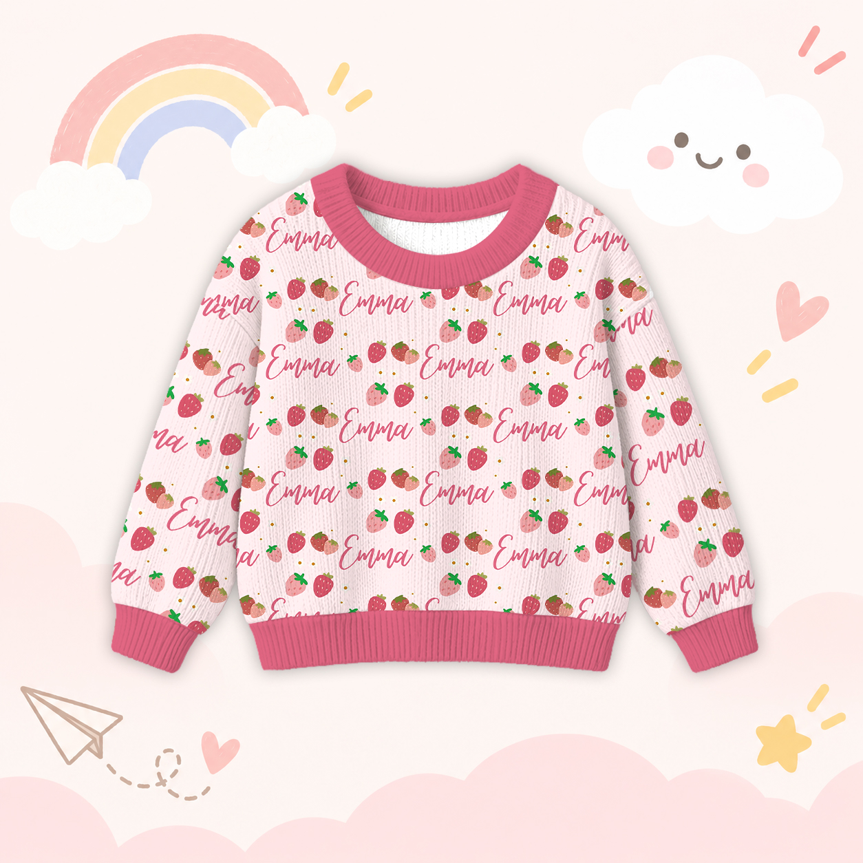 Personalized Lovely Kids Sweetheart Strawberry Knit Sweater | CWSweater10
