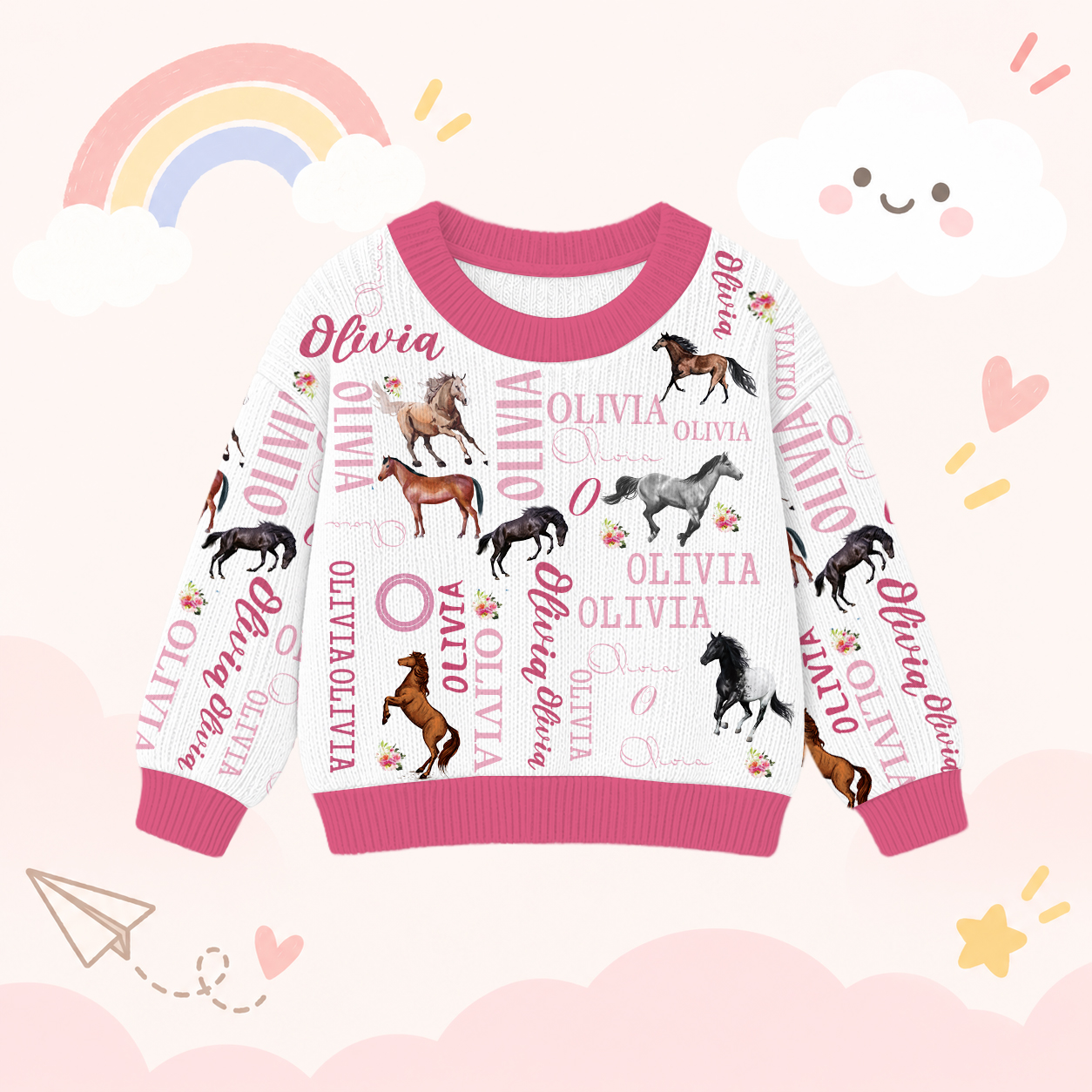Personalized Lovely Kids Horse Knit Sweater | CWSweater08
