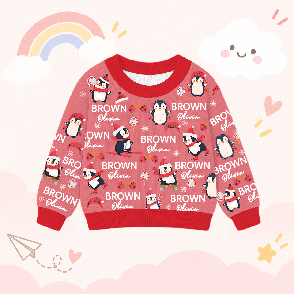 Personalized Lovely Kids Christmas Penguin Knit Sweater | CWSweater14