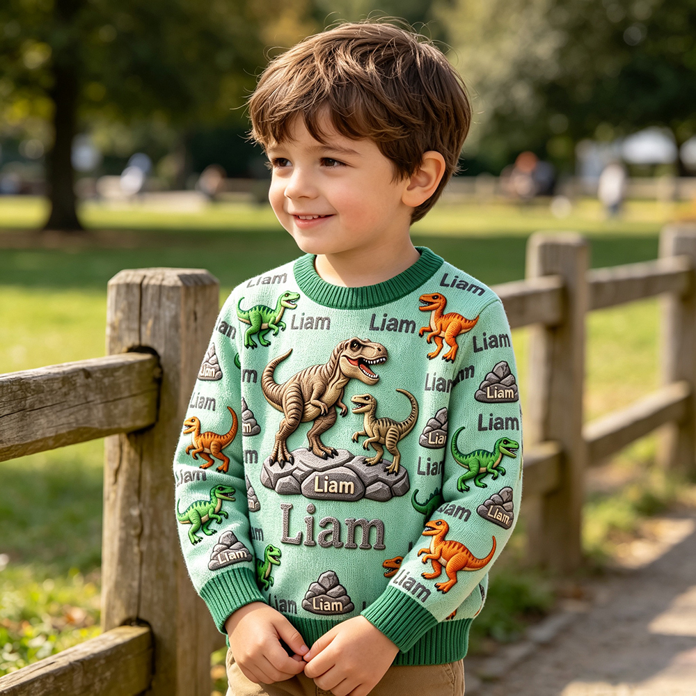 Personalized Lovely Kids Forest Dinosaur Knit Sweater | CWSweater26
