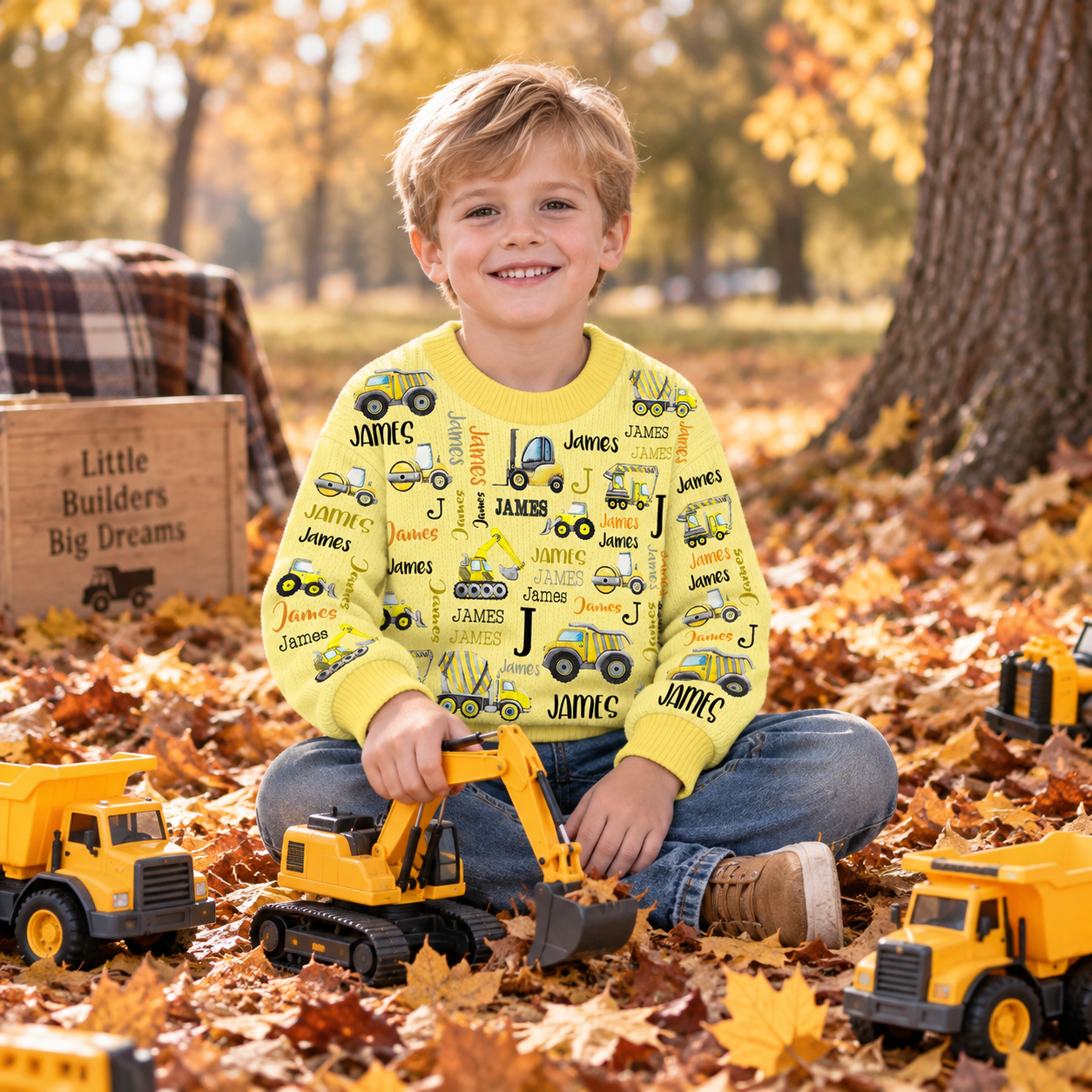 Personalized Lovely Kids Construction Vehicle Knit Sweater | CWSweater20