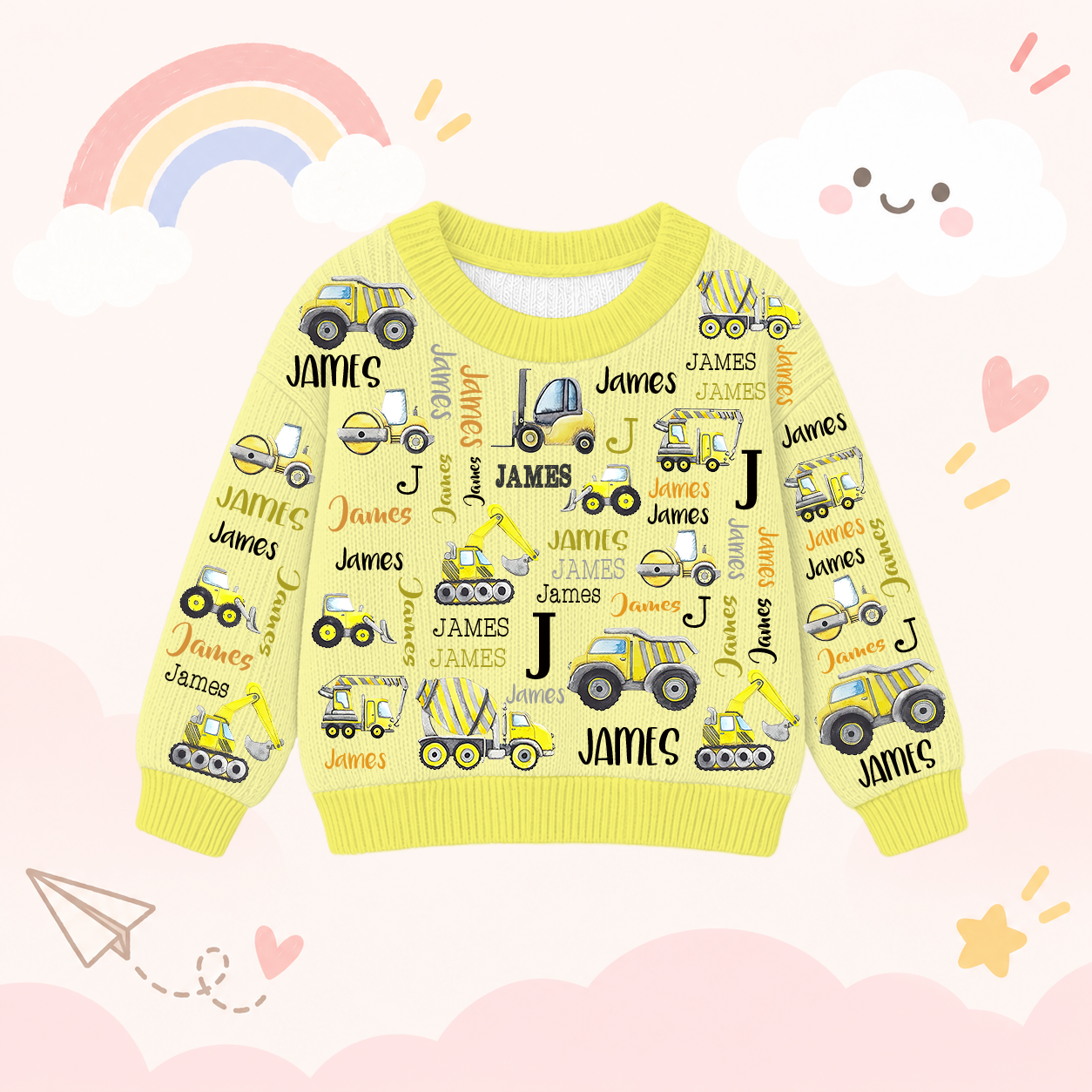 Personalized Lovely Kids Construction Vehicle Knit Sweater | CWSweater20