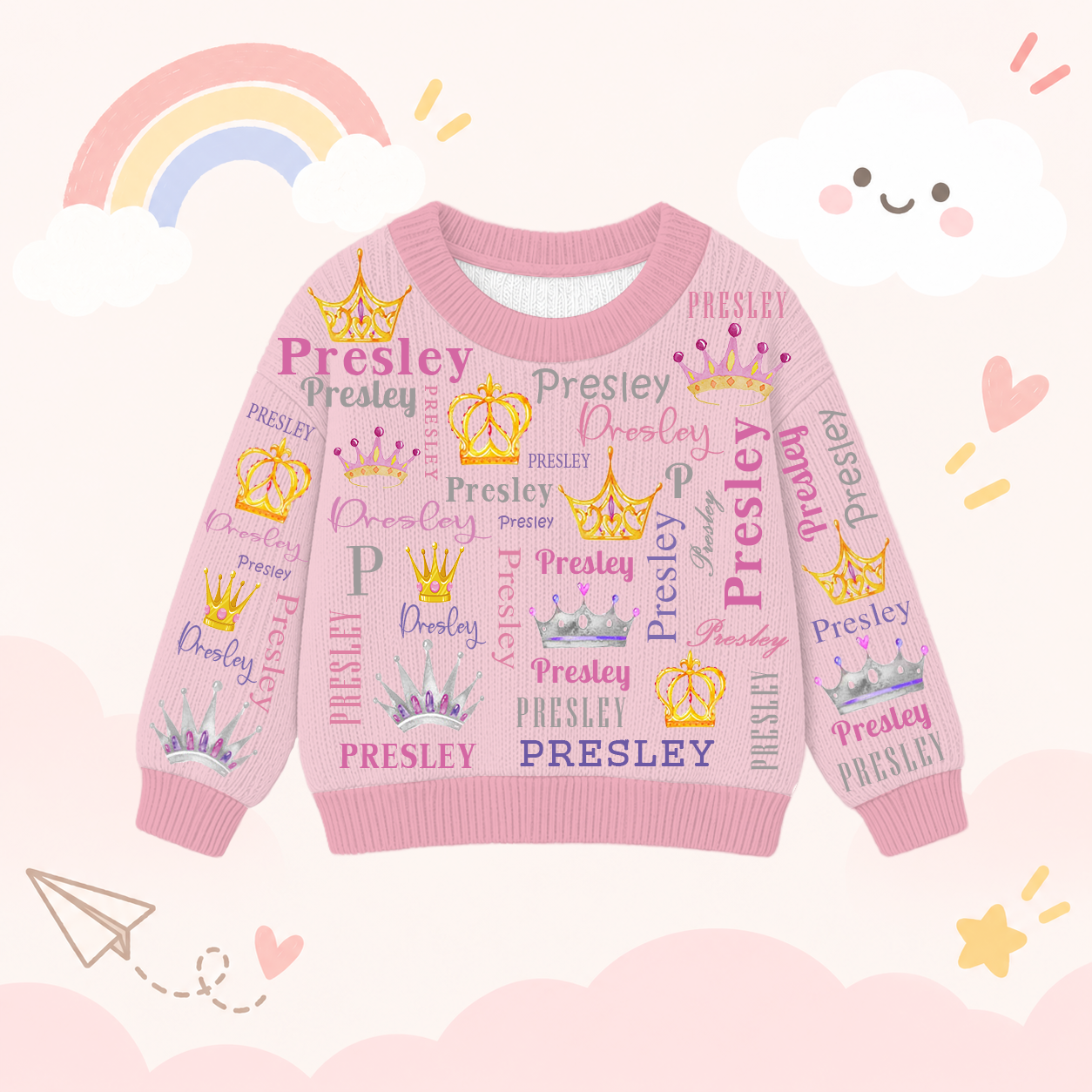 Personalized Lovely Kids Diamond Crown Knit Sweater | CWSweater23