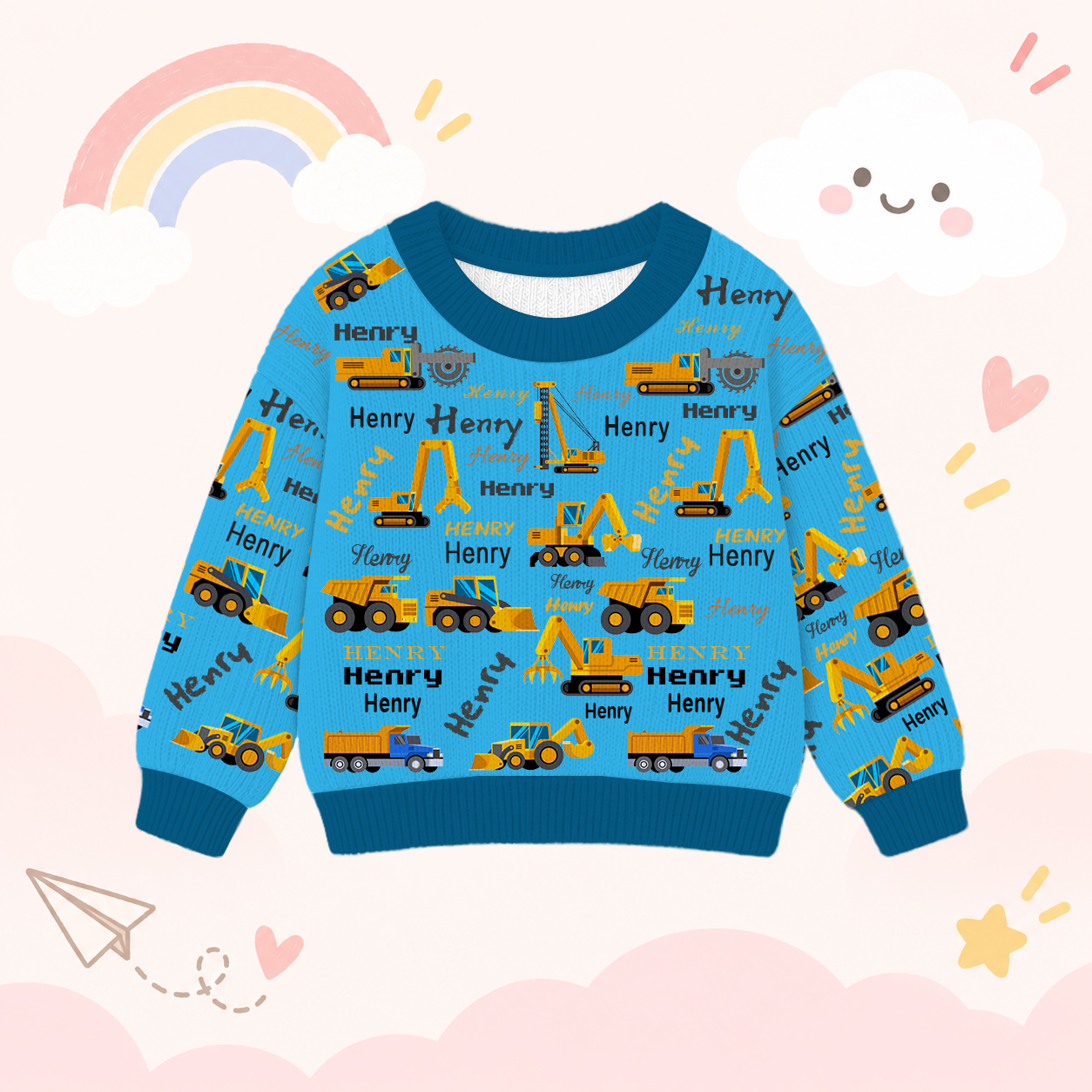 Personalized Lovely Kids Construction Vehicle Knit Sweater | CWSweater24