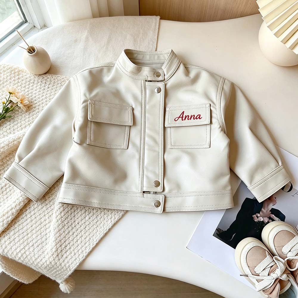 Personalized Embroidered Long-Sleeved Leather Jacket For Girls | CWBaby541