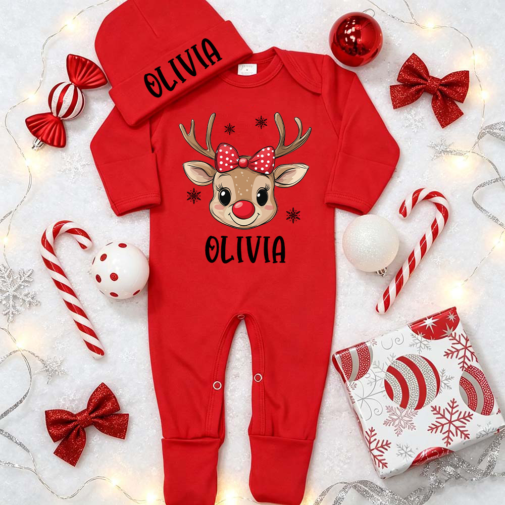 Personalized Baby Christmas Reindeer Romper & Hat Set | MCGift421