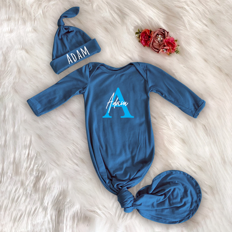 Personalized Cozy Newborn Gown with Knotted Hat | CWbaby33