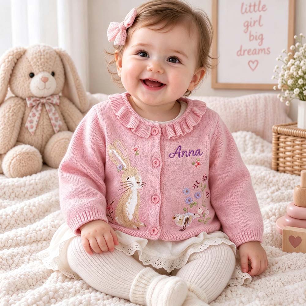 Personalized Embroidered Adorable Rabbit Knit Cardigan For Kids | CWBaby545