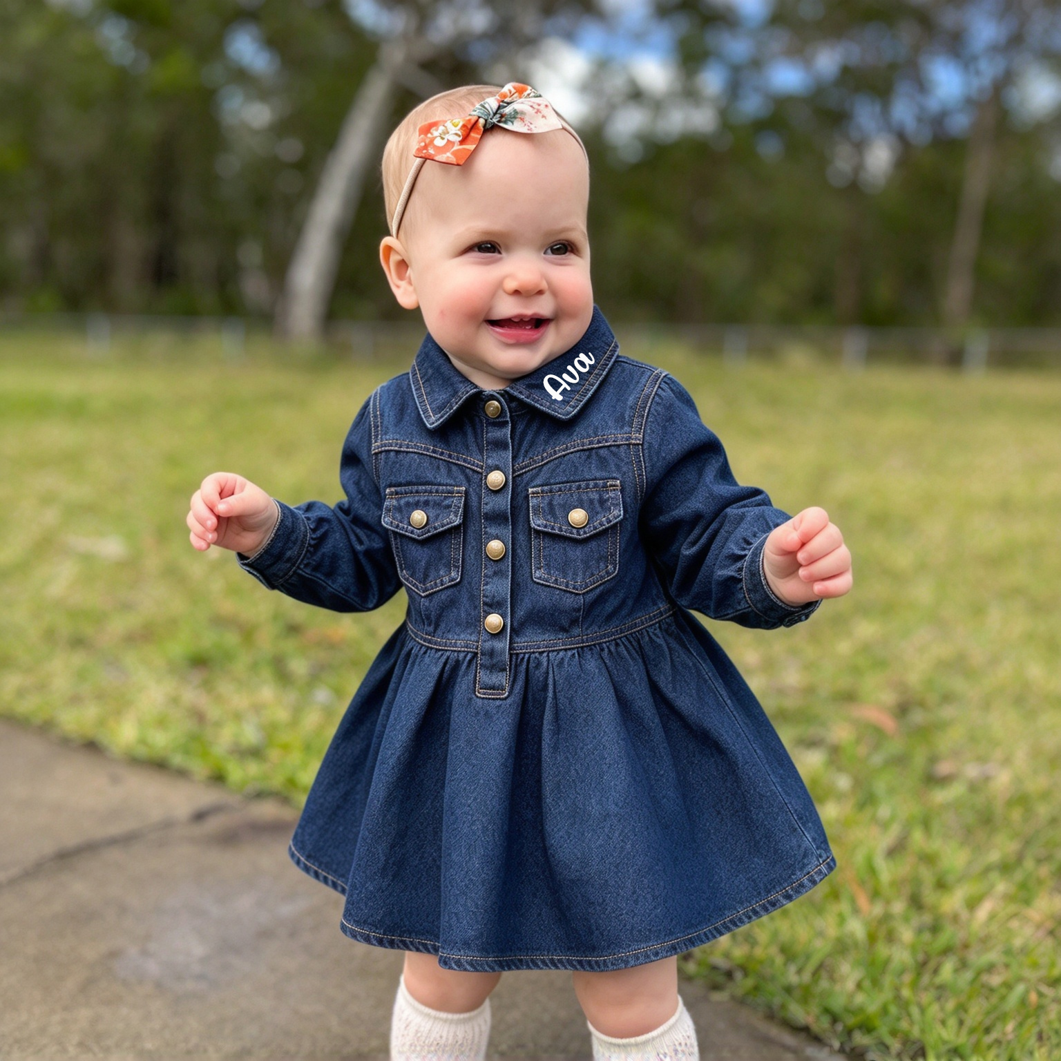 Personalized Long Sleeves Denim Dress For Girls | CWBaby542