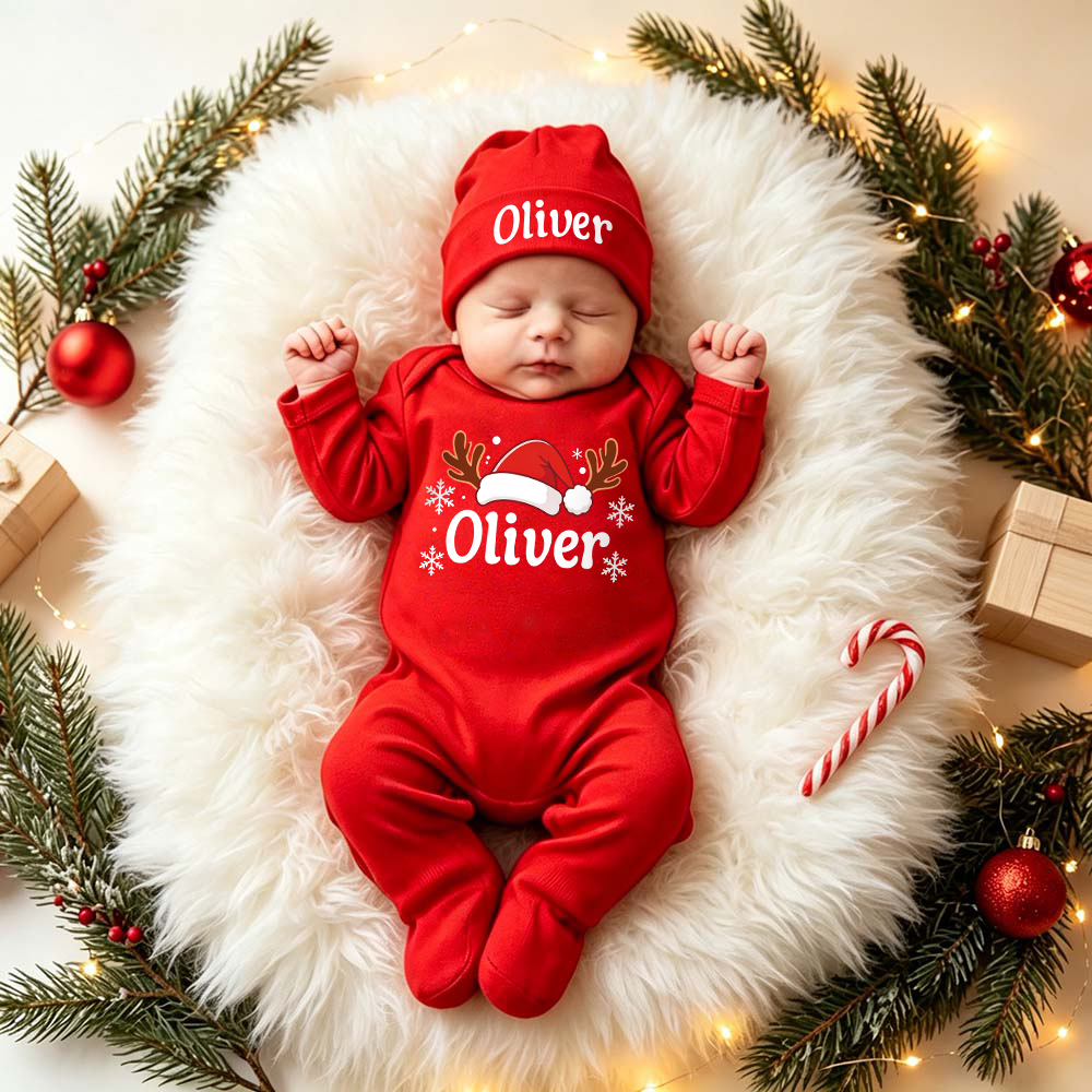 Personalized Baby Reindeer Christmas Hat Romper Set | MCGift423