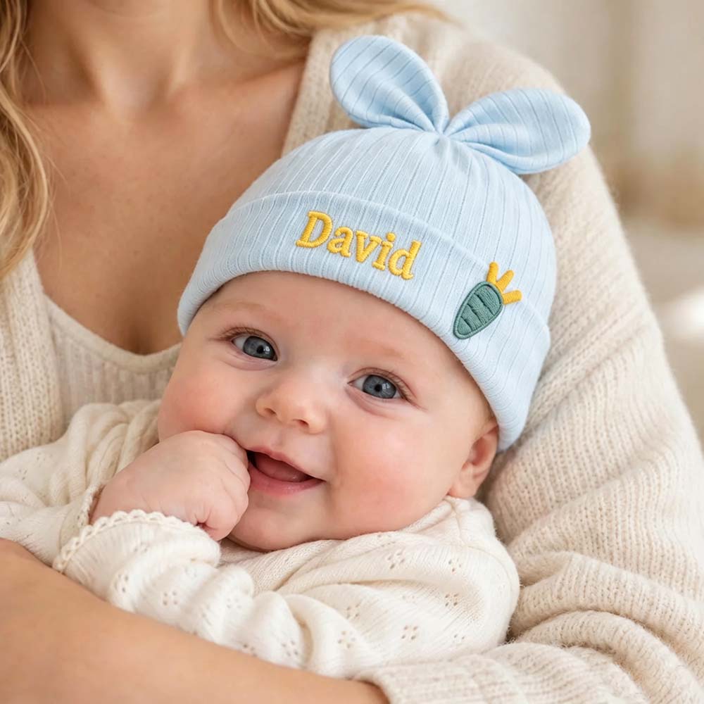 Personalized Embroidered Bunny Ears Baby Beanie Hat | HSKid108