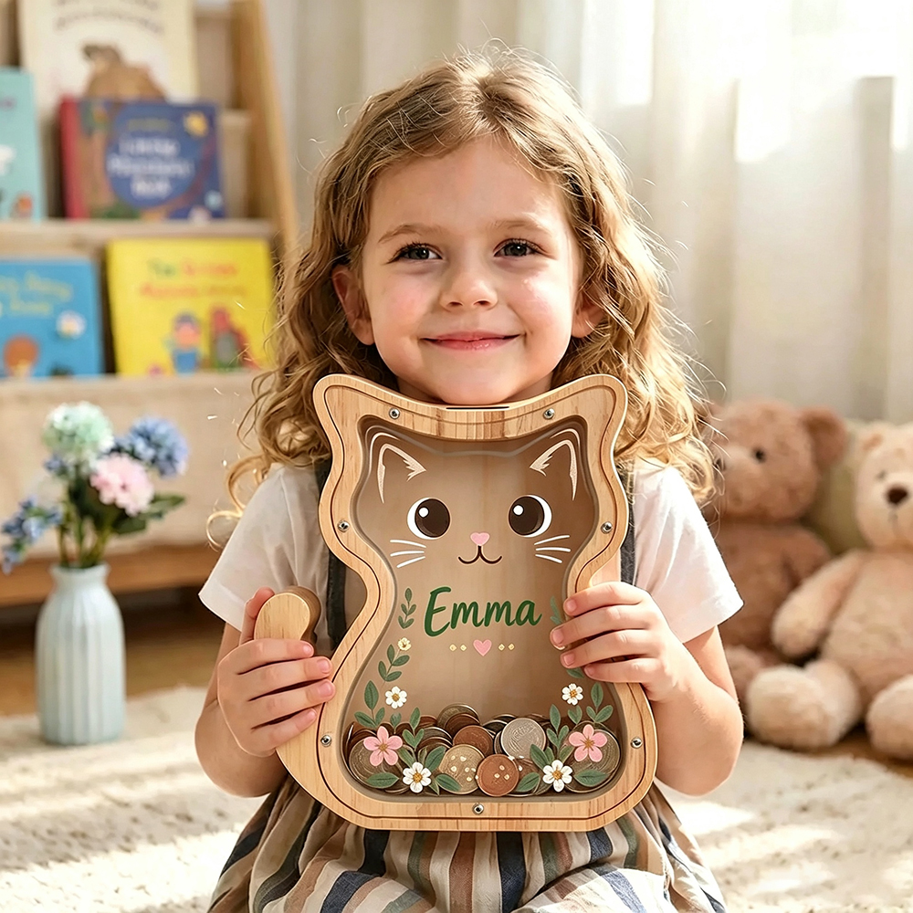 Personalized Wooden Cute Kitty Piggy Bank for Kids | MCGift432